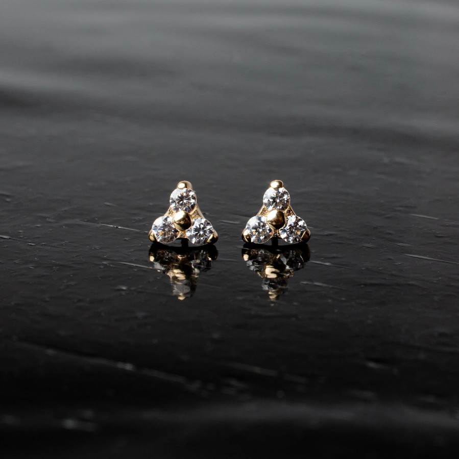 Earrings Grayling | Frosted Crystal Trio Flat Back Sleeper Earrings - 14K Solid Gold