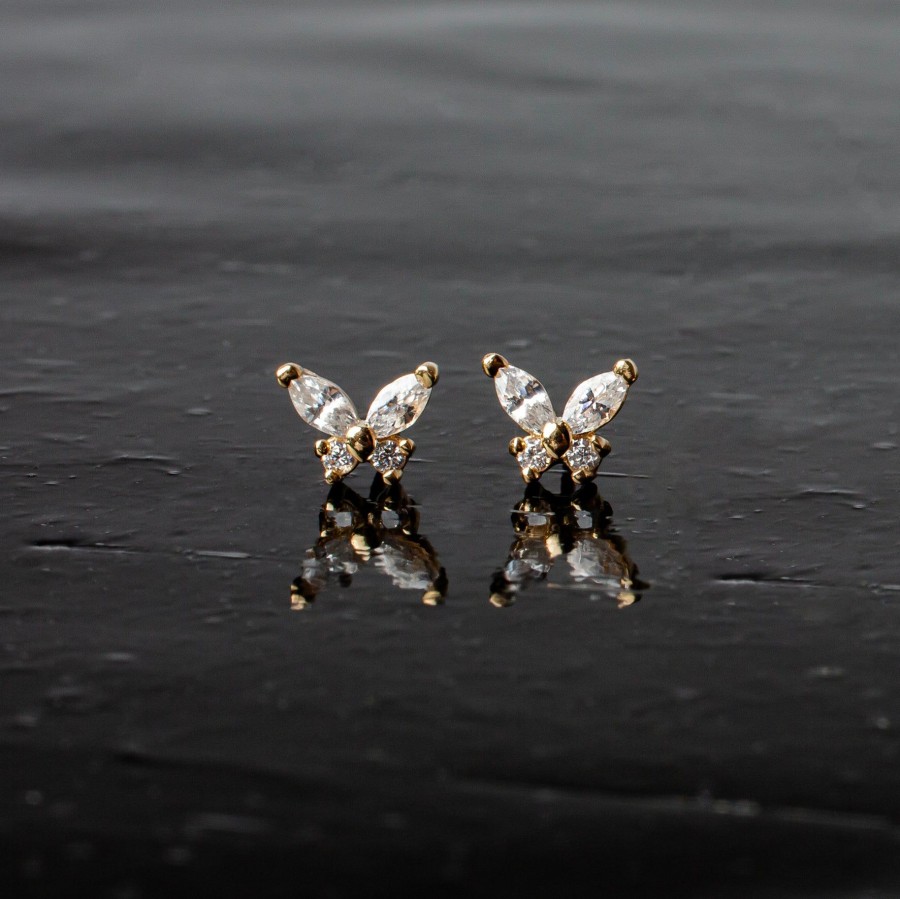 Earrings Grayling | Flutter Crystal Butterfly Flat Back Sleeper Earrings - 14K Solid Gold