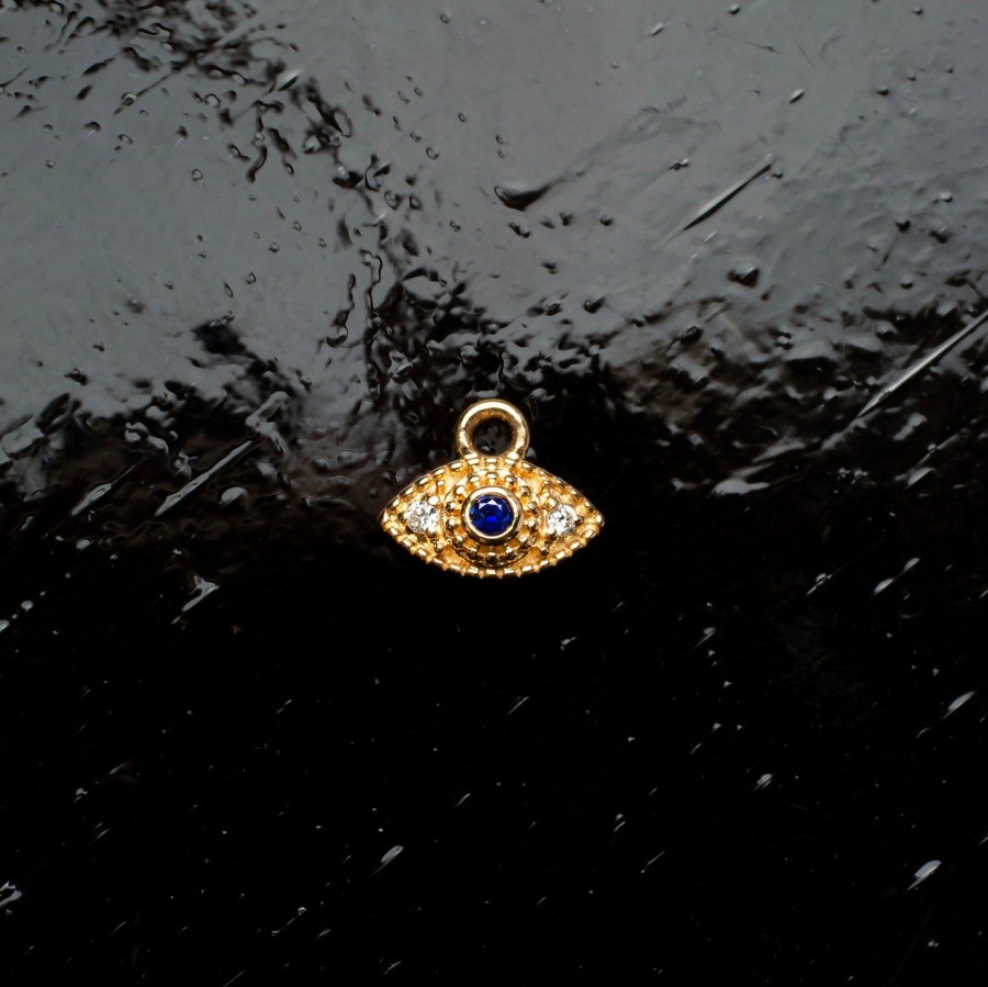 Hoops + Huggies Grayling | Single Blue Sapphire Evil Eye Huggie Charm - 14K Solid Gold