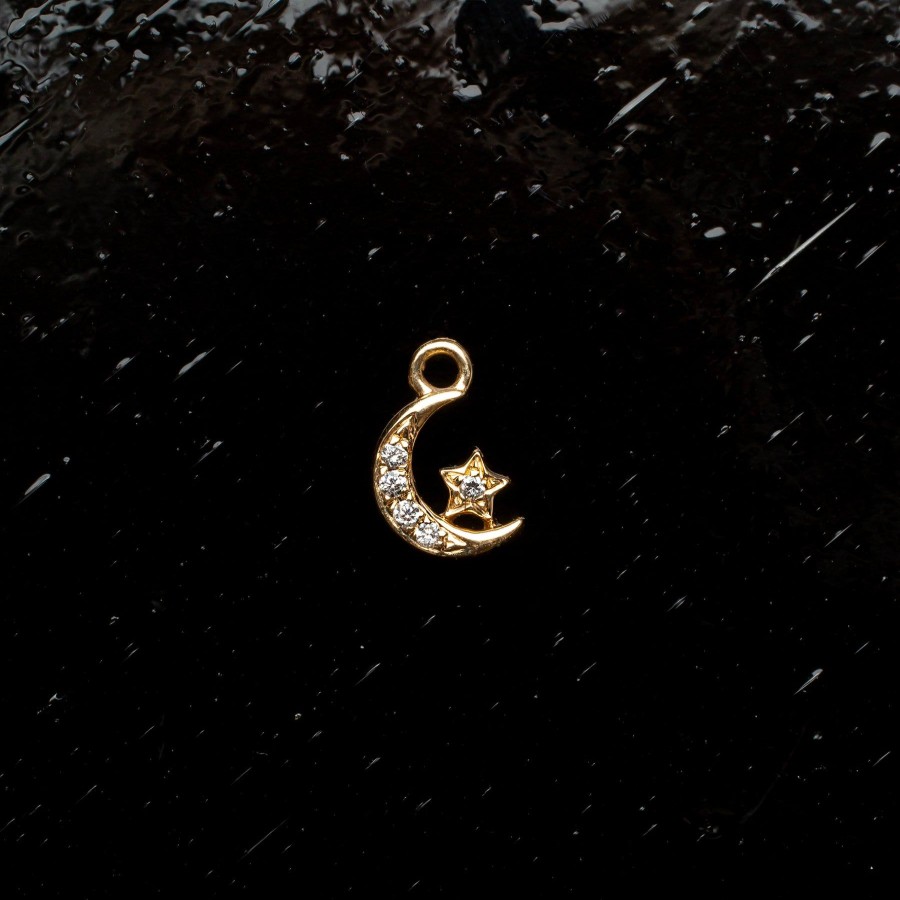 Hoops + Huggies Grayling | Single Diamond Pave Moon Huggie Charm - 14K Solid Gold