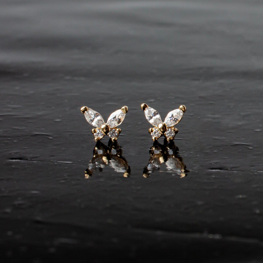 Flat Back Studs Grayling | Flutter Crystal Butterfly Flat Back Sleeper Earrings - 14K Solid Gold