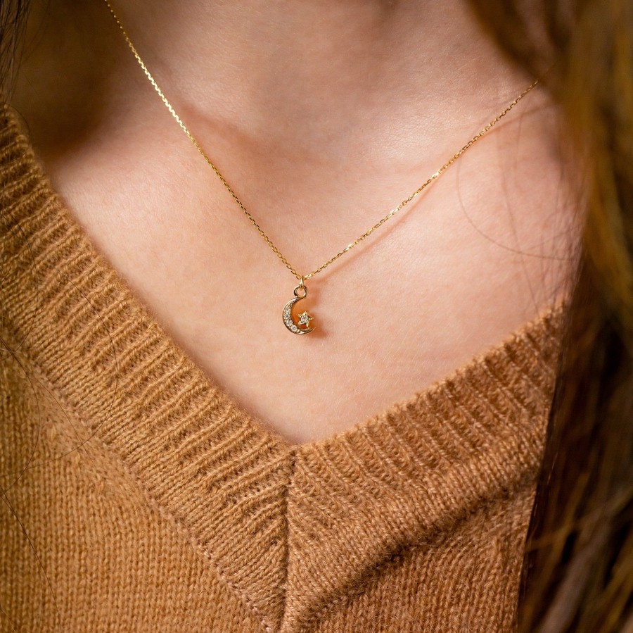 Necklaces + Chokers Grayling | Diamond Pave Moon & Star Pendant Necklace - 14K Solid Gold