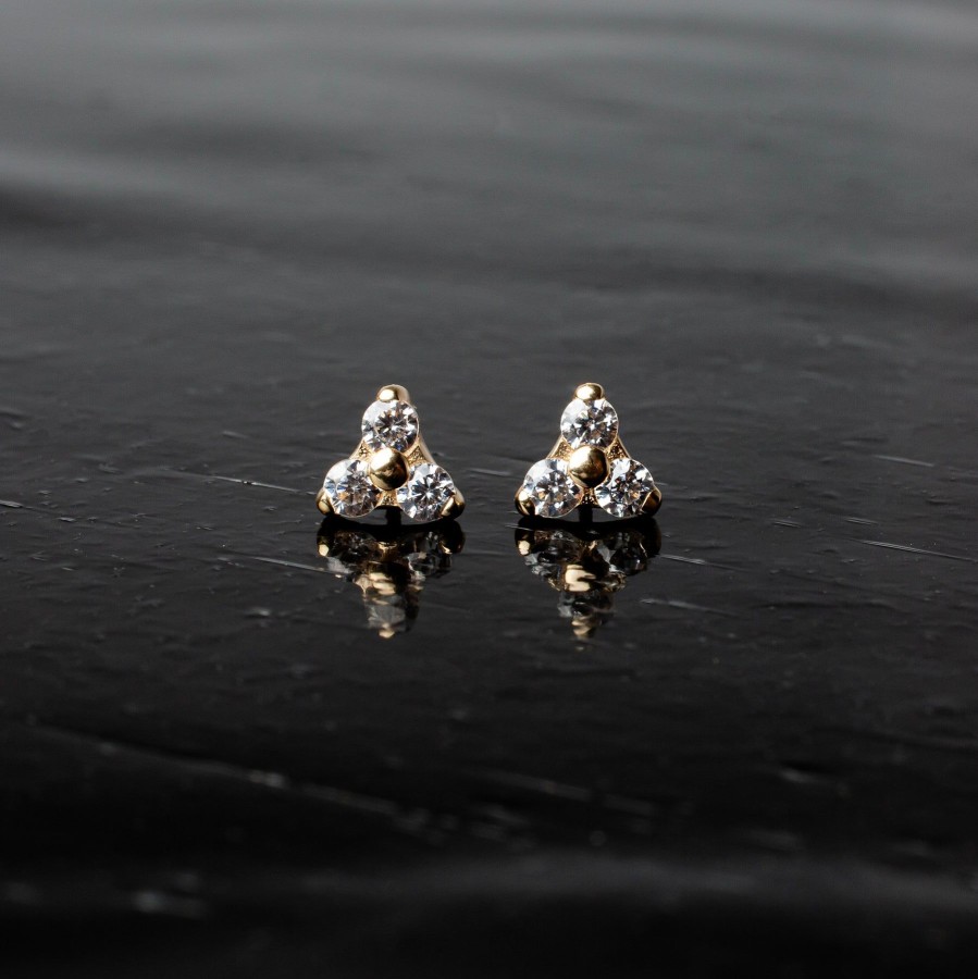 Flat Back Studs Grayling | Frosted Crystal Trio Flat Back Sleeper Earrings - 14K Solid Gold